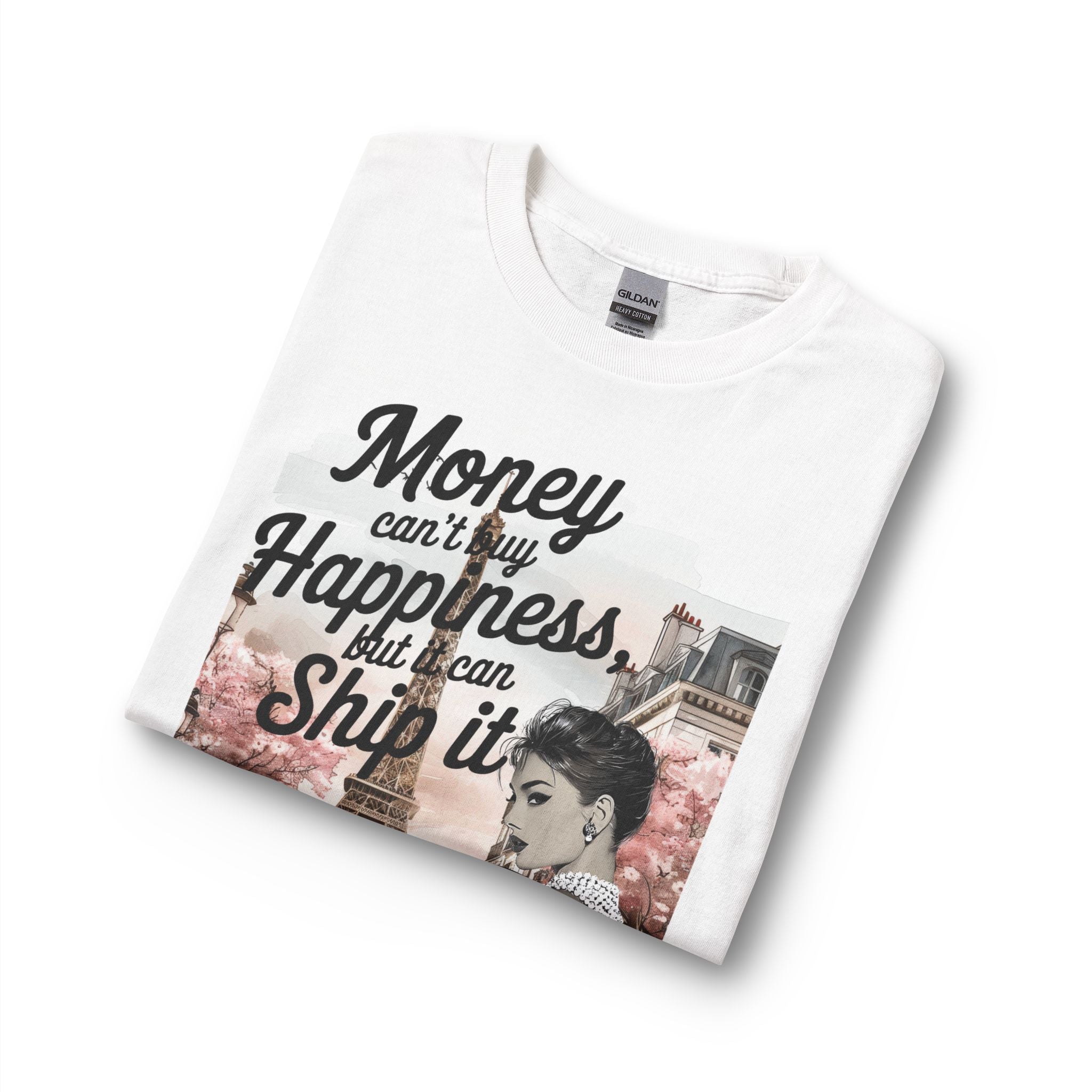 Parisian Travel Graphic Long Sleeve Tee — “Money Can’t Buy Happiness, But I Can Ship It”