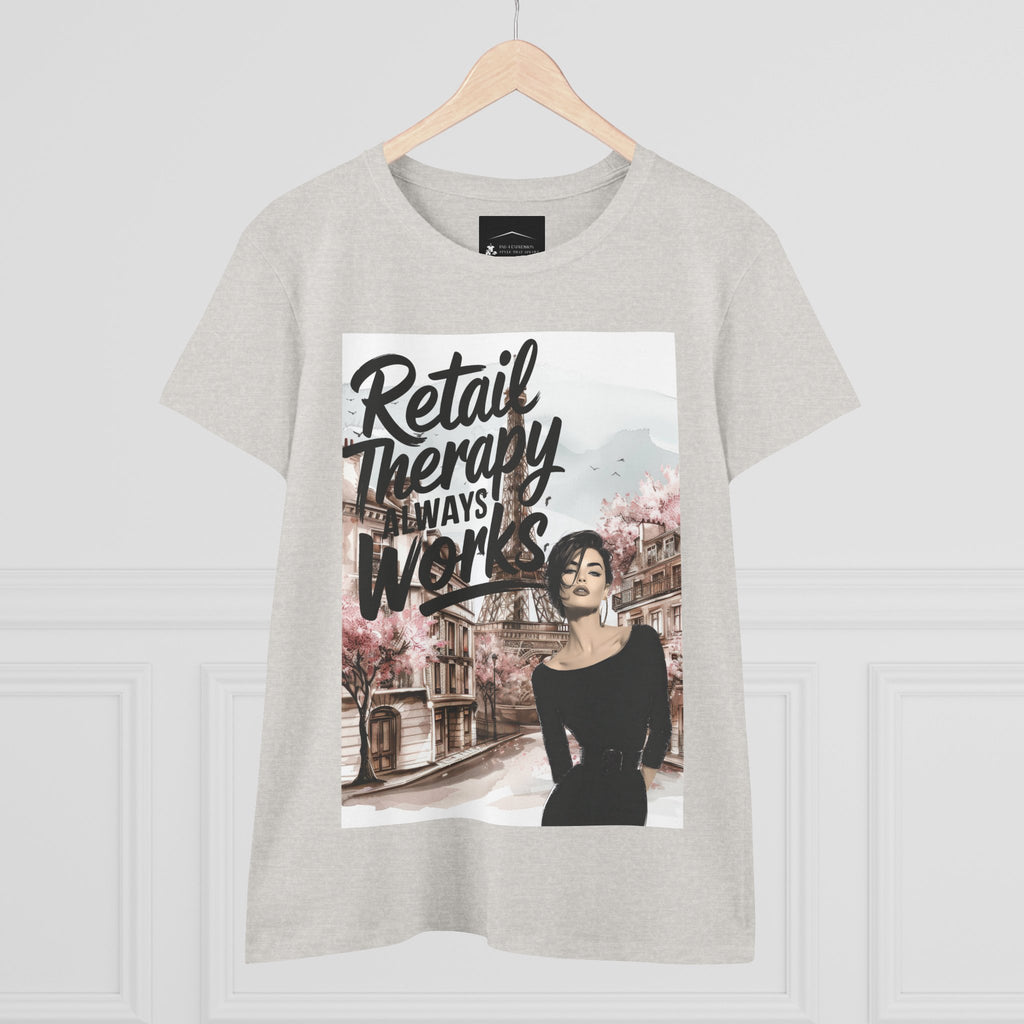 Retail Therapy T-Shirt — "Retail Therapy Always Works" Women's Graphic Tee