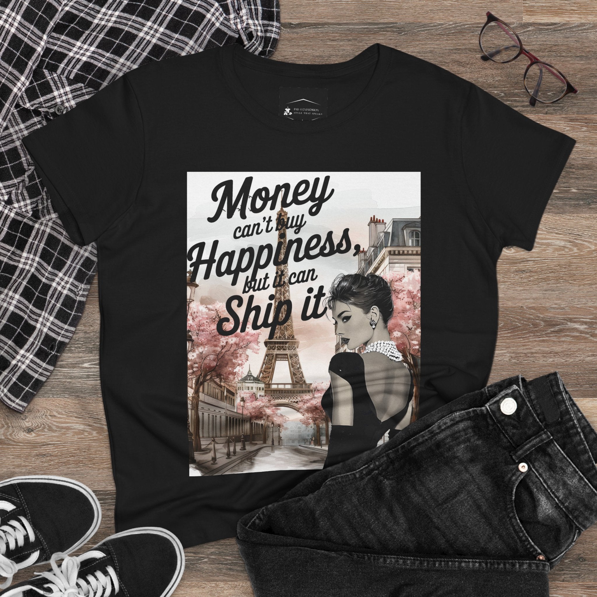 Parisian Audrey Hepburn Tee — "Money Can't Buy Happiness, But I Can Ship It" Women's T‑Shirt