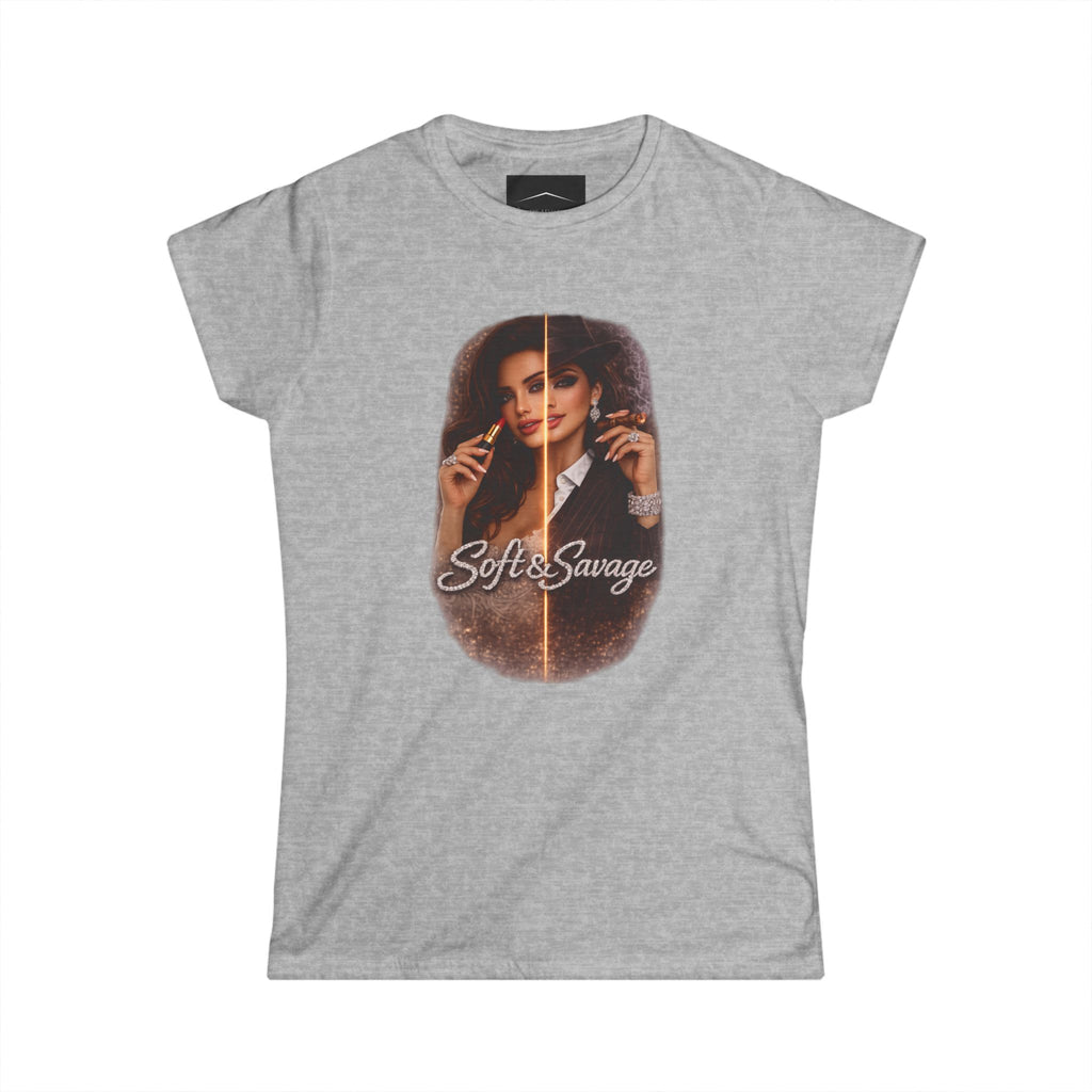 Soft & Savage Women's Tee — Retro Glam Portrait Graphic Shirt