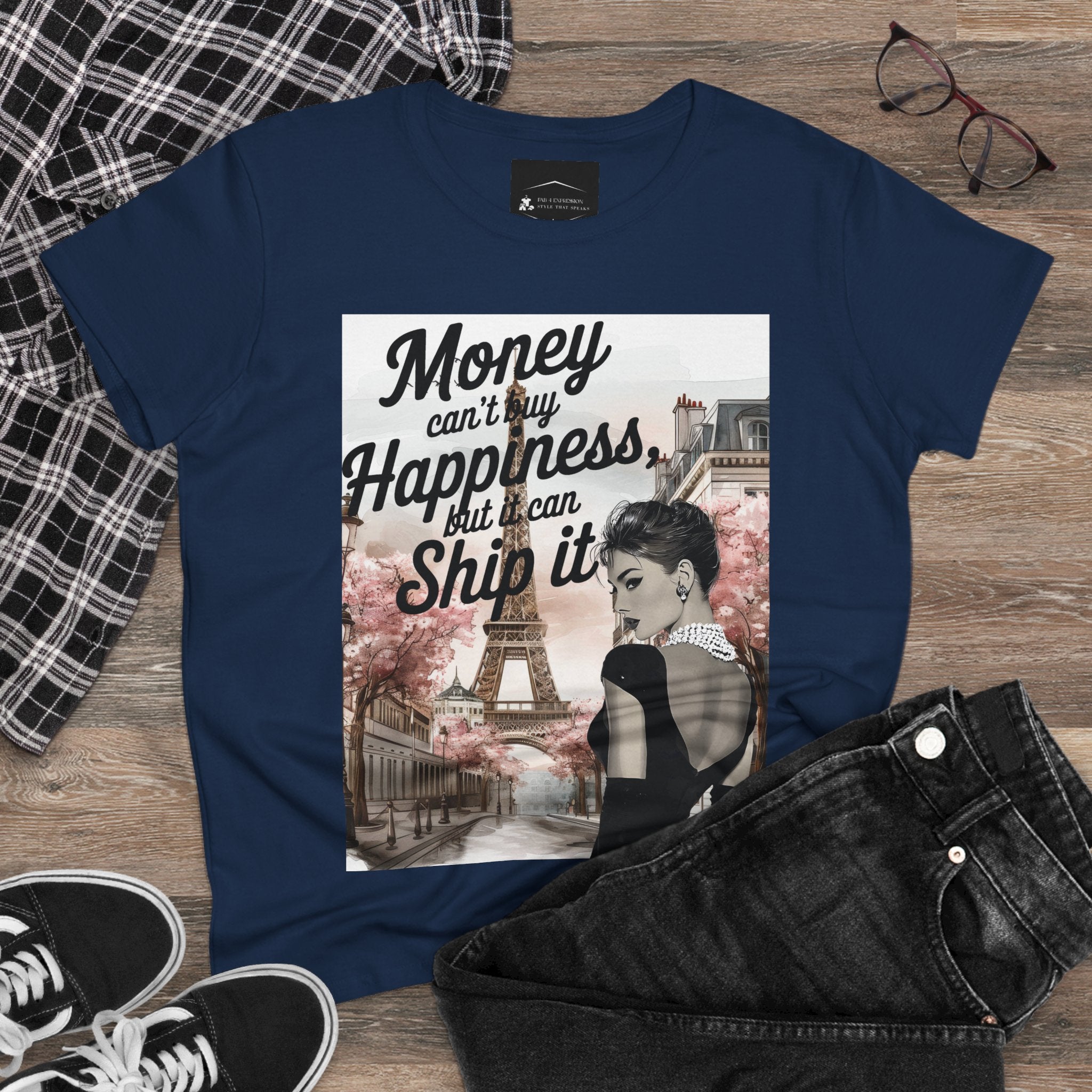 Parisian Audrey Hepburn Tee — "Money Can't Buy Happiness, But I Can Ship It" Women's T‑Shirt