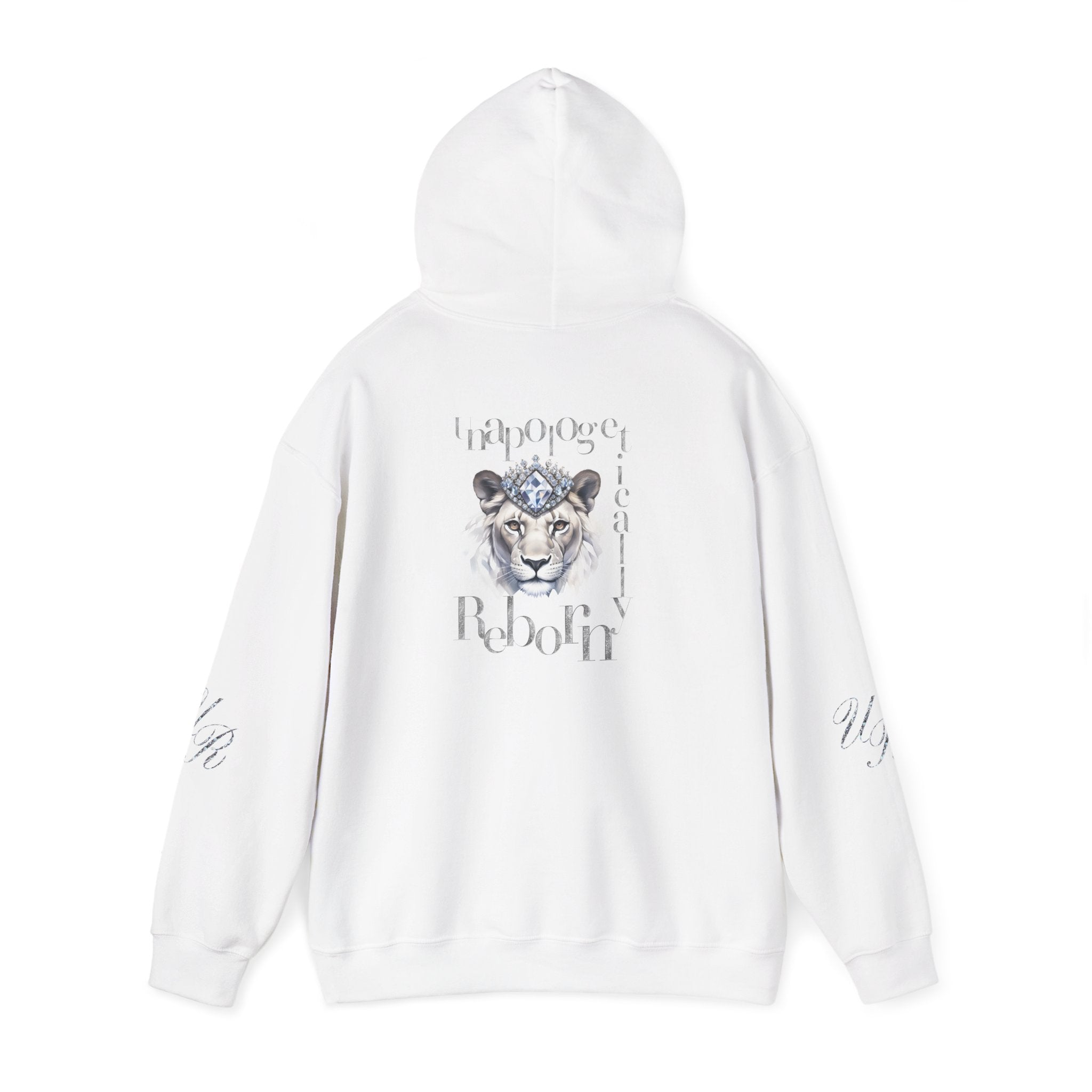 Unapologetically Reborn Logo Hoodie, 'Reborn' Script Design, Script Initials on Sleeves