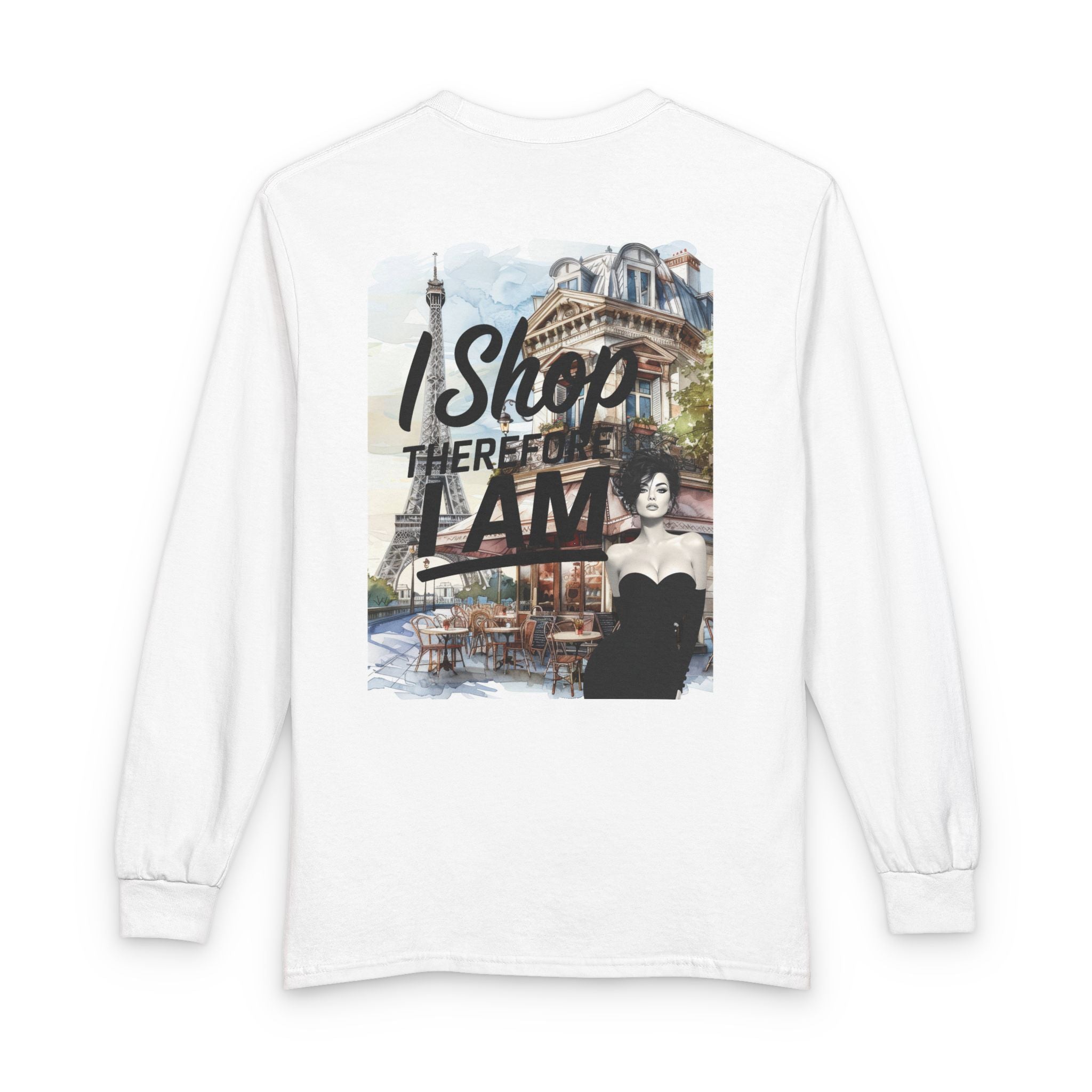 Parisian Graphic Long Sleeve Tee — "I Shop Therefore I Am" Fashion Top