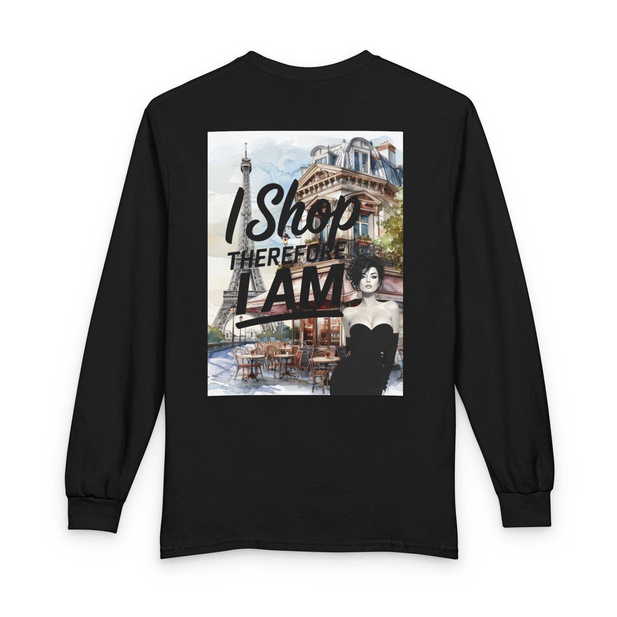 Parisian Graphic Long Sleeve Tee — "I Shop Therefore I Am" Fashion Top