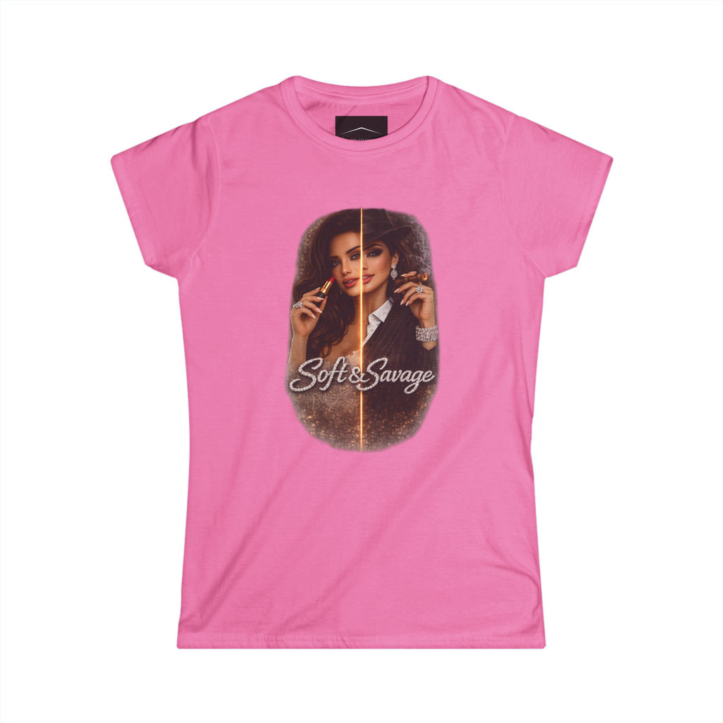 Soft & Savage Women's Tee — Retro Glam Portrait Graphic Shirt