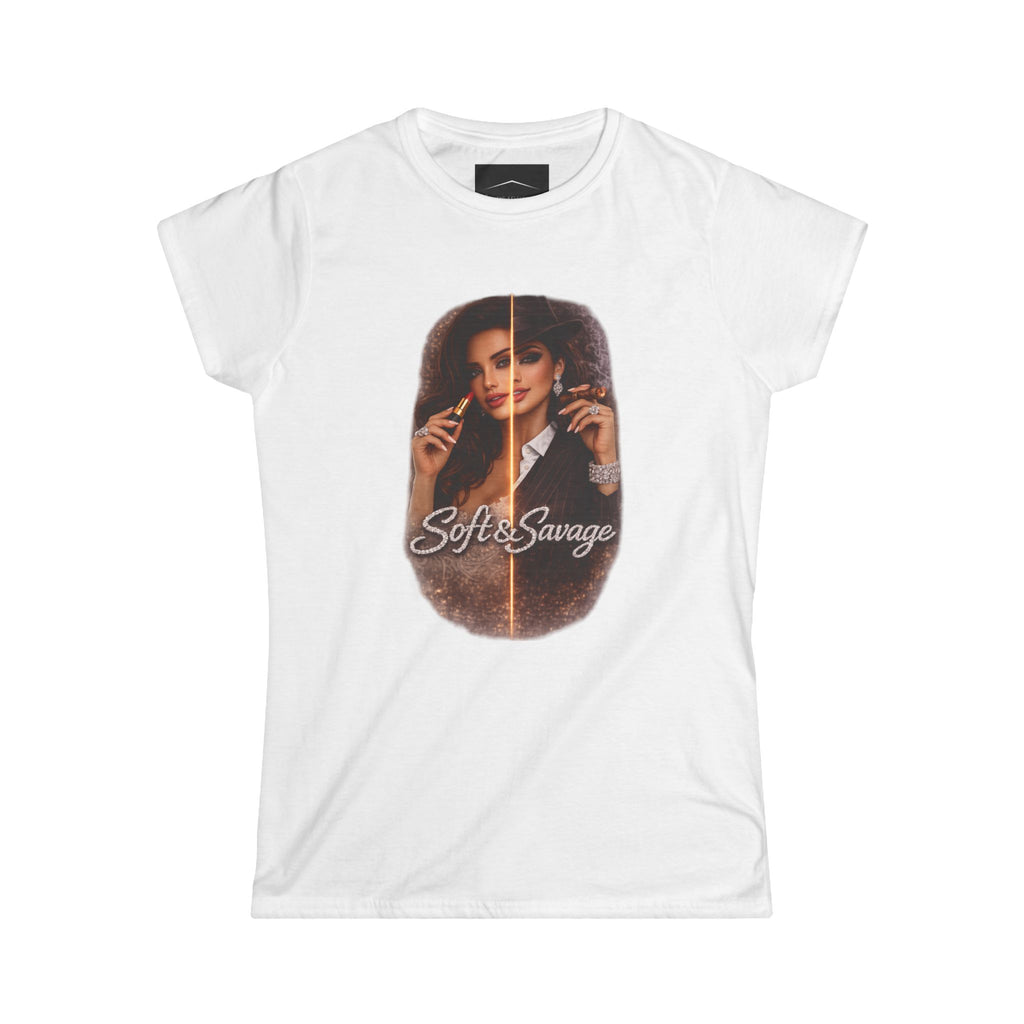 Soft & Savage Women's Tee — Retro Glam Portrait Graphic Shirt