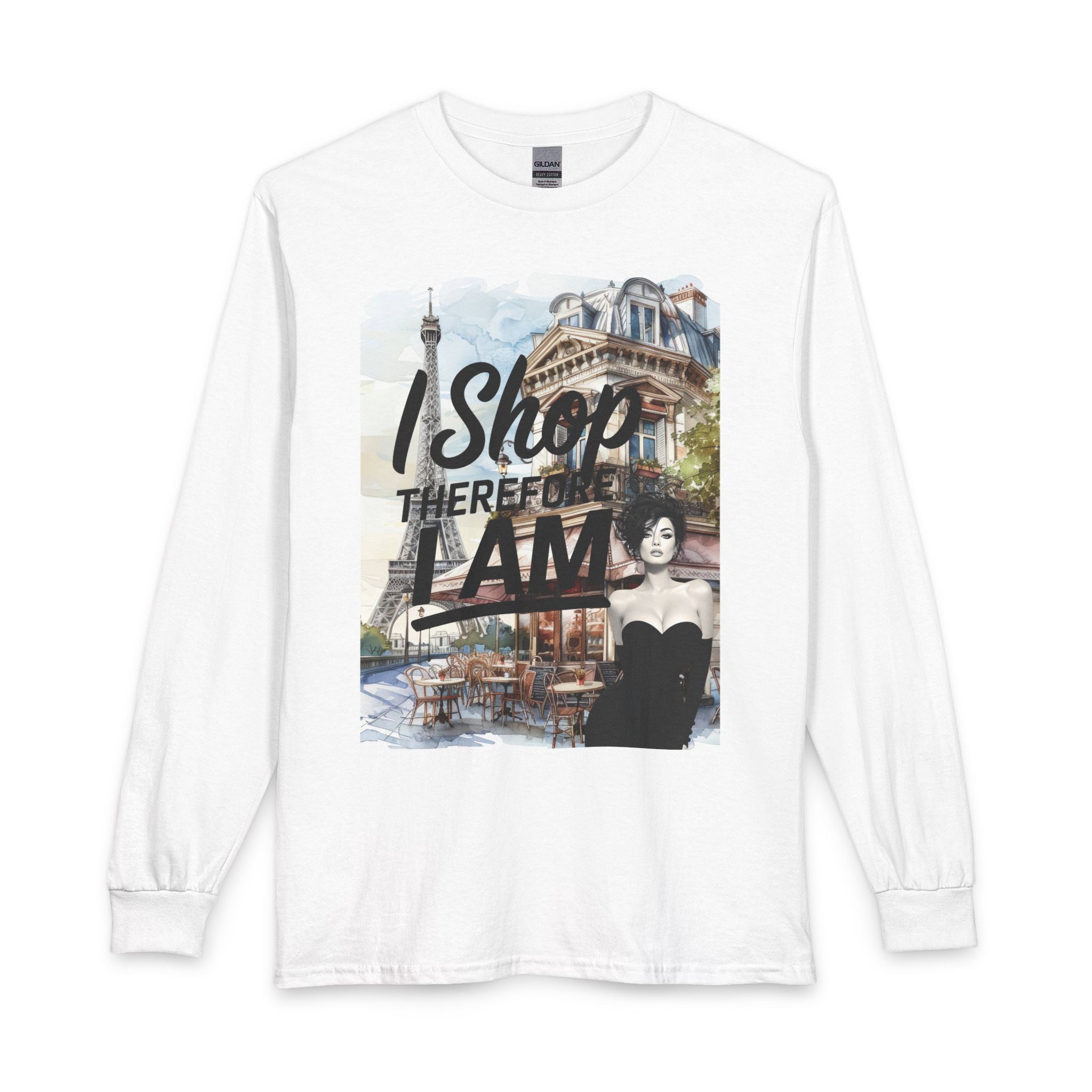 Parisian Graphic Long Sleeve Tee — "I Shop Therefore I Am" Fashion Top