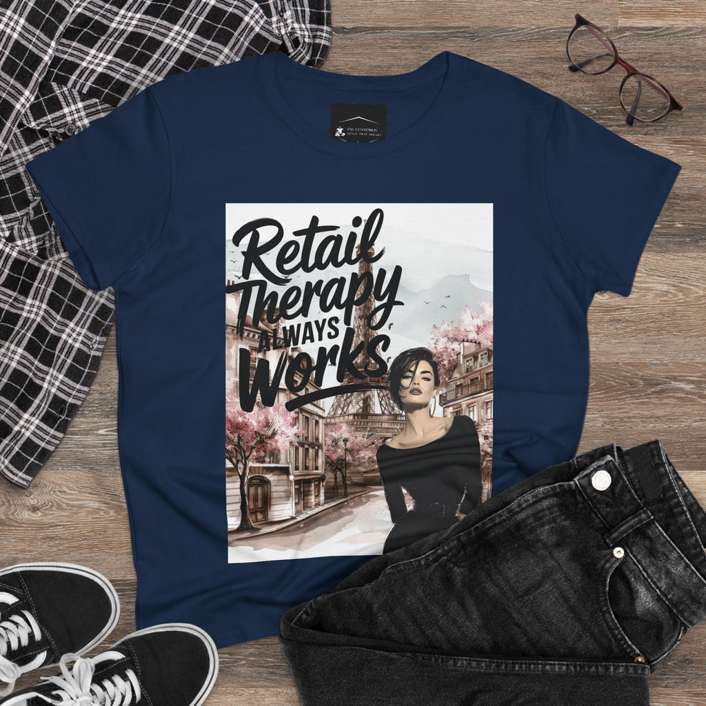 Retail Therapy T-Shirt — "Retail Therapy Always Works" Women's Graphic Tee