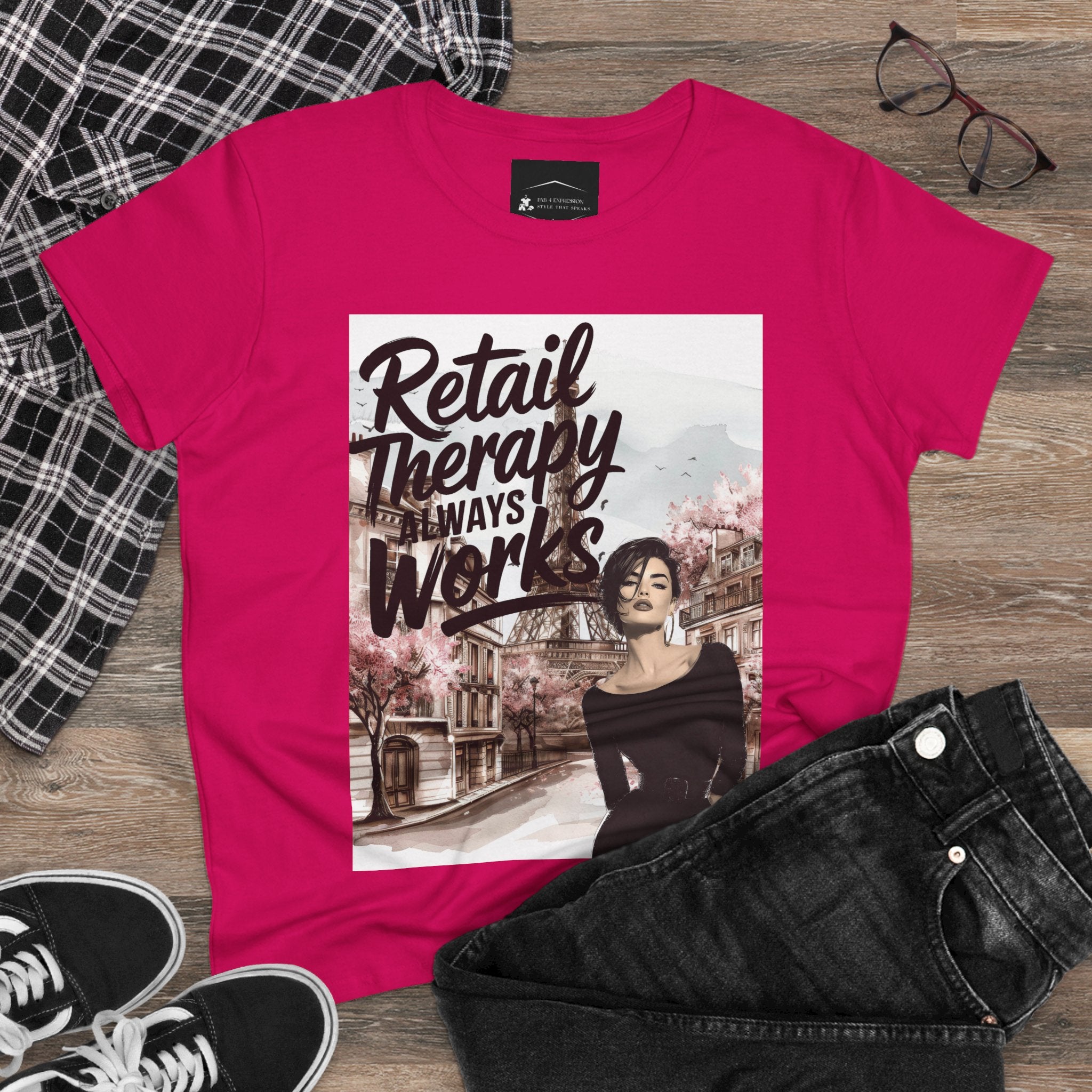 Retail Therapy T-Shirt — "Retail Therapy Always Works" Women's Graphic Tee