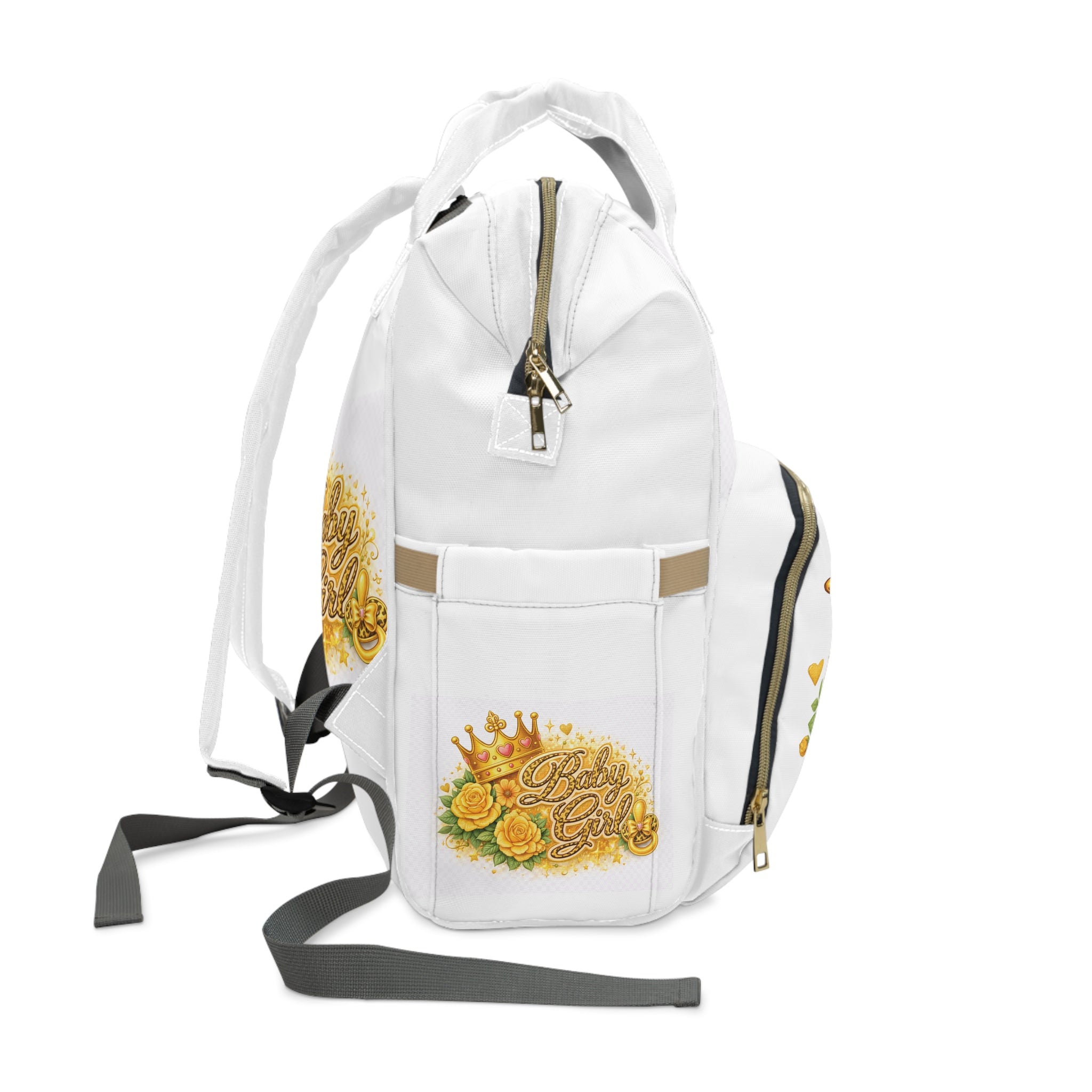 Baby Girl Diaper Backpack — Princess Crown & Bottle Floral Design