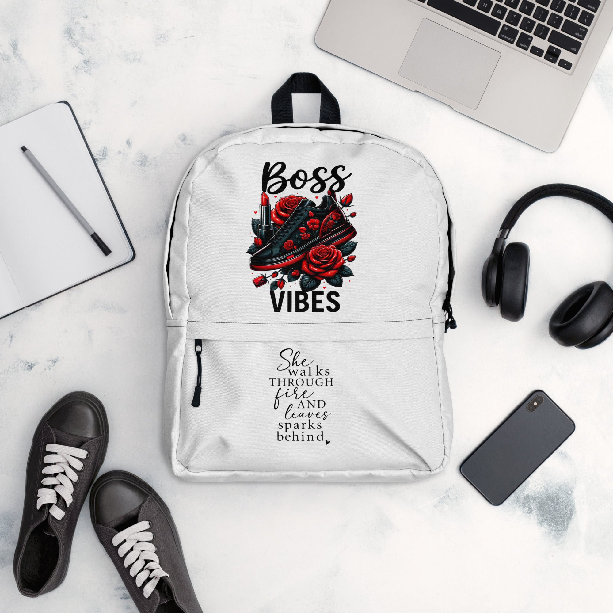 🔥 Boss Vibes All-Over Print Backpack — “She Walks Through Fire” Edition