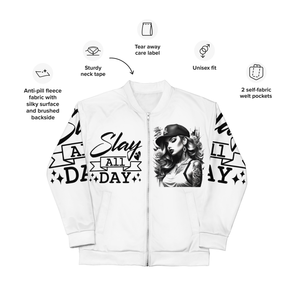 🔥 Slay All Day Premium Bomber Jacket – Confidence in Every Stitch