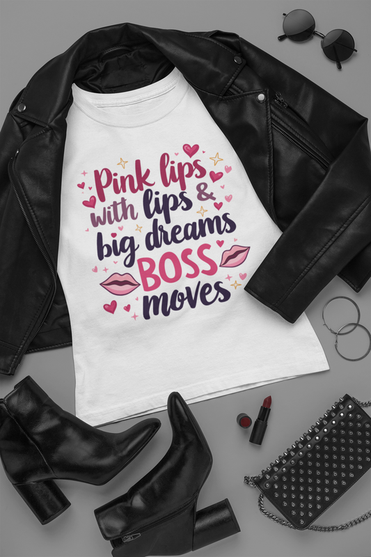 “Pink Lips & Big Dreams – Boss Moves Graphic Tee | Empowerment Shirt for Women”