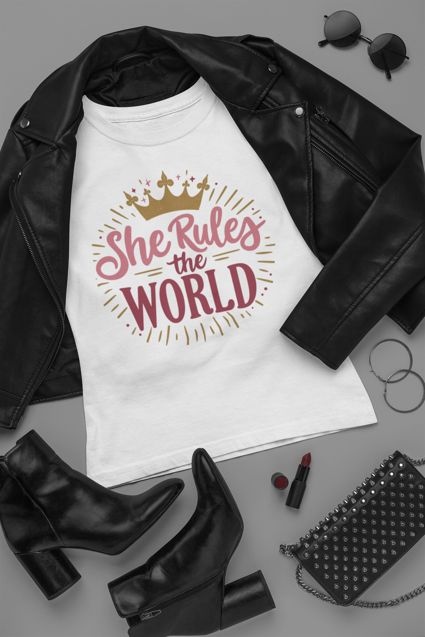 “She Rules the World – Women's Empowerment Graphic Tee | Feminine Motivational Shirt”