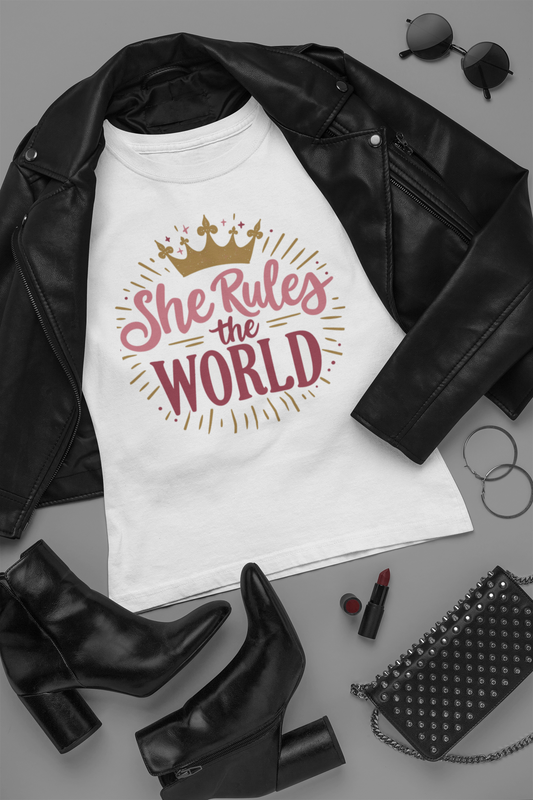 “She Rules the World – Women's Empowerment Graphic Tee | Feminine Motivational Shirt”